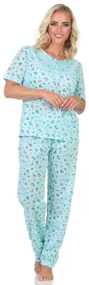Produktbild von Damen Pyjama 2tlg. lange Hose Shirt in kurzen Ärmeln; Grün/XL/42