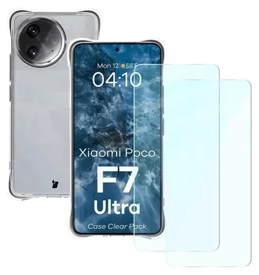 A clear phone case and screen protectors are displayed next to a smartphone.