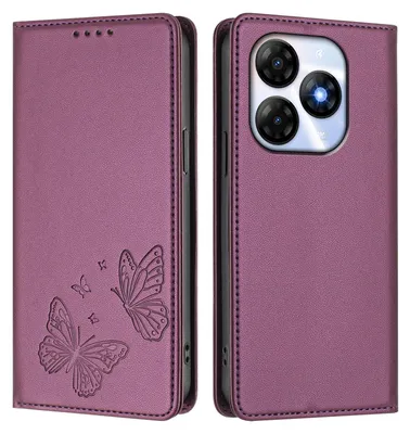 Image de Étui en cuir pour itel P55 4G, motif papillon, étui portefeuille à rabat avec support, violet