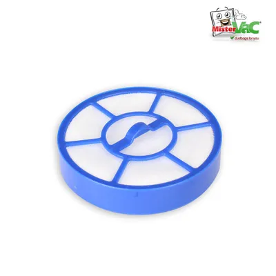 A blue and white vacuum cleaner filter against a white background.