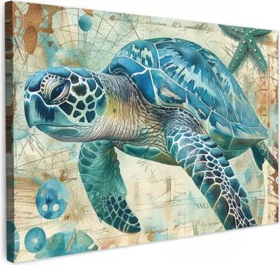 Produktbild von MuchoWow® - Leinwandbilder - Vintage - Schildkröte - Meerestiere - Aquarell, Wandbild, Wanddeko Bilder Wohnzimmer, 60x40 cm