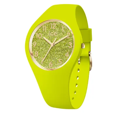 A close-up studio shot of a bright green analog watch with a glittery green dial and gold-colored hands and hour markers.