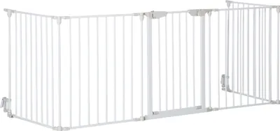 Produktbild von PawHut Haustier-Sicherheitsbarriere, 300 cm, faltbarer Hundelaufstall mit 5 Paneelen und intelligentem Schloss für Treppen, Flur, Weiß