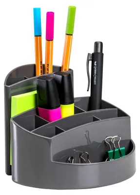 Produktbild von Schreibtischköcher RONDO, Stiftehalter mit 9 Fächern, Schreibtisch Organizer, mit Briefschlitz und Gummifüßen, dunkelgrau