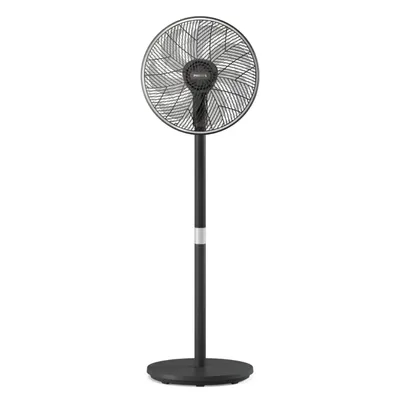 A black standing fan on a white background.