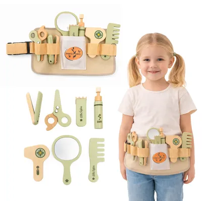 Immagine prodotto di Set da parrucchiere per bambini Mamabrum in legno con cintura – Set di giocattoli da 8 pezzi, gioco di ruolo
