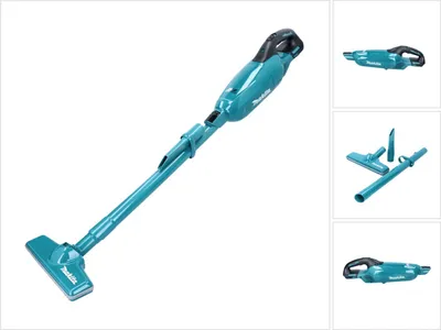 A teal and black Makita cordless vacuum cleaner with various attachments is displayed against a white background.