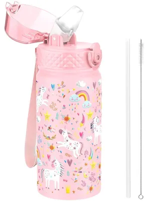Produktbild von Trinkflasche Kinder 420ml Edelstahl mit Strohhalm auslaufsicher BPA-frei Rosa Einhorn