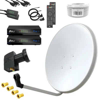 A collection of satellite TV equipment, including receivers, LNB, satellite dish, cable, and connectors, arranged on a white background.