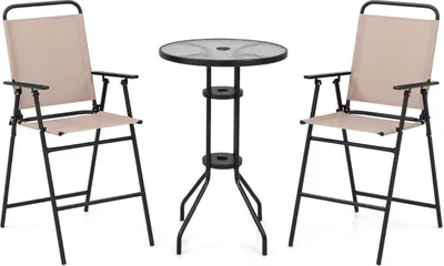 Produktbild von 3 tlg. Outdoor-Bistro-Set Terrassen-Bartisch mit 2 Klappbaren Stühlen & Sonnenschirmloch Beige