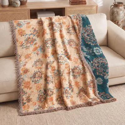 Boho-Kuscheldecke aus Baumwolle, 200x230 cm, Ephemeral Bloom