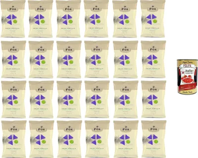 Produktbild von FOX Natural Quality Vintage Potatoes Tortilla Chips, Blue Corn, Premium italienische handgefertigte Kartoffel crisps chips 24x 120g + Italian Gourmet polpa 400g