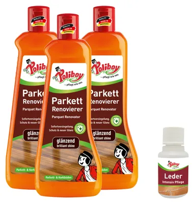 Produktbild von Poliboy Parkett Renovierer glänzend - 3x500ml - für stumpfe und abgenutzte Holz- und Korkböden - Sofort Versiegelung - mit Leder Probe