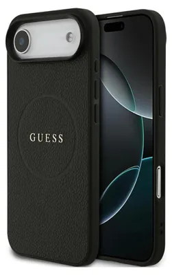 A black phone case with the Guess logo on it is shown.