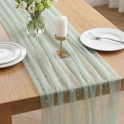 Immagine prodotto di Runner da tavolo in tulle con perline, verde, 75 x 300 cm