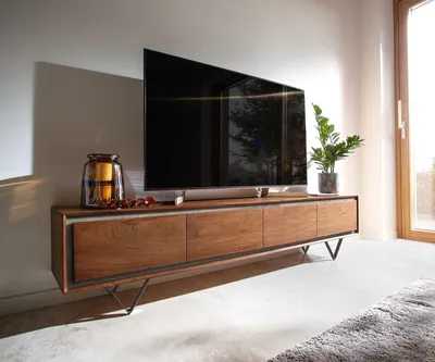 Produktbild von DELIFE Lowboard Stonegrace 200 cm Akazie Braun Steinfurnier 4 Türen V-Fuß Schwarz