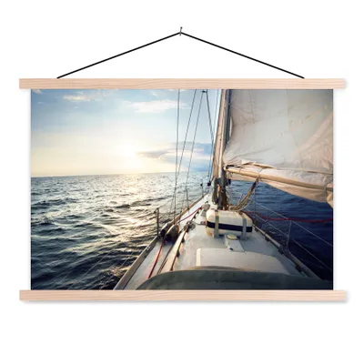 Produktbild von MuchoWow® Textilposter Meer - Segelboot - Sonne 120x80 cm mit holzfarbenen Rahmen - Aufhängeset