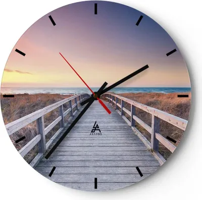 Produktbild von Wanduhr - Rund - Glasuhr - Weg Meer Brücke - 30x30cm - Schleichendes Uhrwerk - Lautlos - zum Aufhängen bereit - Dekoration Modern - Wanddekoration aus Glas - C3AR30x30-4948