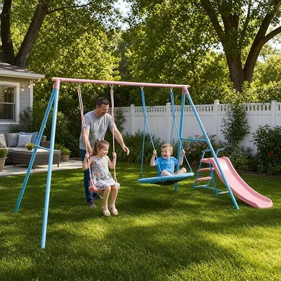 Produktbild von Kinderschaukel Outdoor Schaukel Set mit Gestell Slide Schaukelgestell Outdoor Nestschaukel Schaukelgerüst Bis 200 KG Belastbar Swing Gartenschaukel fu?r 2-3 Kinder Doppelschaukel Tellerschaukel