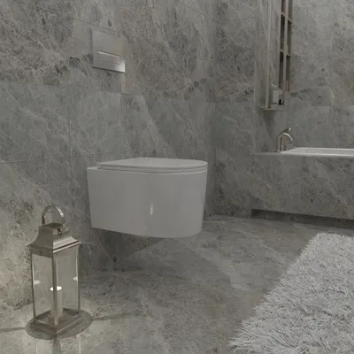 A modern bathroom with a wall-mounted toilet, marble-effect tiles, and a lantern.