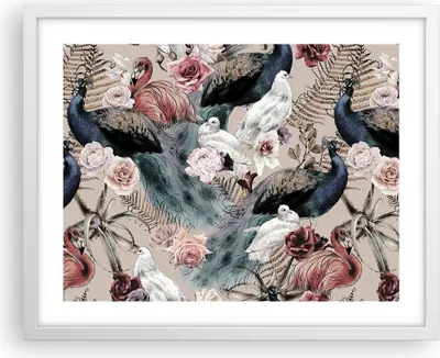 Produktbild von Gerahmtes Poster - Weißer Rahmen - Pfauen Squab Flamingos - 50x40 cm - Wand Bild - Wanddeko - Wandbilder - Kunstposter - Wandposter - Bilderrahmen - Bilder - Kunstdruck - P2WAA50x40-4890
