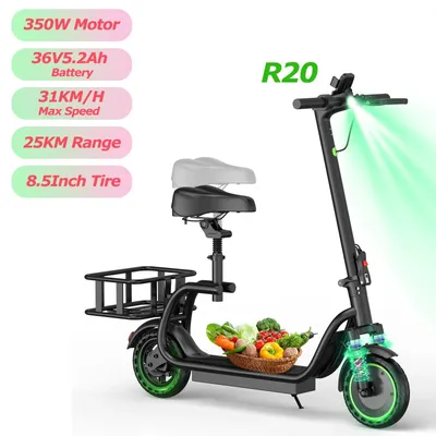 Produktbild von Elektroroller mit Sitz - Modell R20 E-Scooter - 350W Motor - 36V 5,2Ah Akku - Bis zu 25 km Reichweite - 21,6 cm Räder - Klappbar mit Korb