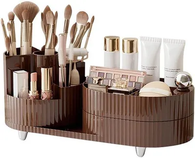 Produktbild von Unyqoos® 360° drehbarer Kosmetik-Organizer – große Kapazität, ABS, Pinselhalter links, Schubladen für Schmuck & Kosmetik