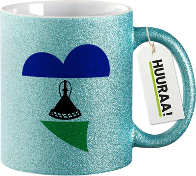 Produktbild von Huuraa Glitzertasse Lesotho Flagge Herz 330ml Blau Keramik Kaffeebecher Geschenkidee
