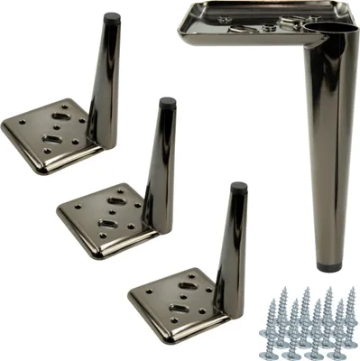 Produktbild von Schwarze Chrom Möbelbeine Set von 4 - 15 cm Höhe, eleganter "Stiletto" Stil, ideal für Polstermöbel und TV-Möbel, mit Montagezubehör und schützende Füße.