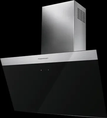 A modern kitchen range hood against a black background.