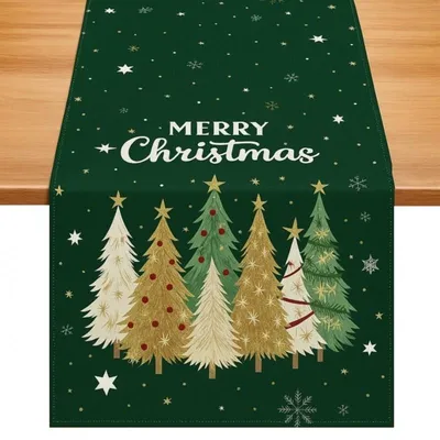 Produktbild von Weihnachtsläufer aus Leinen, Motiv: Sternenbäume, 33 x 180 cm, grün