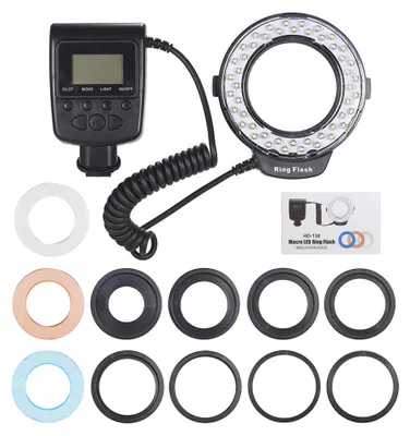 Zdjęcie produktu dla HD-130 – pierścieniowa lampa błyskowa LED do makrofotografii, wyświetlacz LCD, 3000–15 000 K, regulacja mocy GN15 z 3 dyfuzorami, 8 pierścieni adapterowych do aparatów