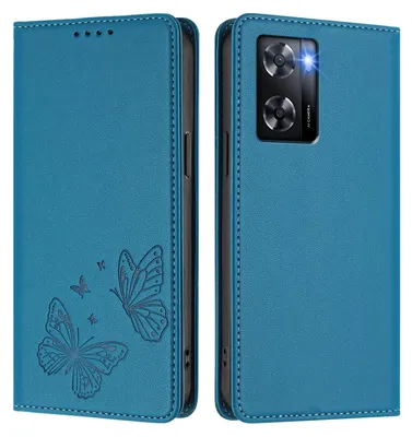 Image de Étui en cuir pour Oppo A57e/A57s/A57 4G/A77s/A77 4G, motif papillon, étui portefeuille à rabat avec support, bleu