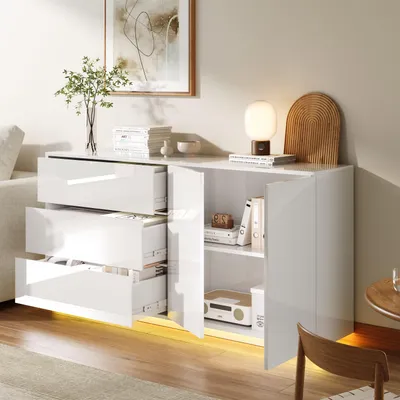 Immagine prodotto di Credenza ProximaX 160x76x35 cm, bianco lucido con LED – 3 cassetti e 2 ante, mobile moderno per il soggiorno