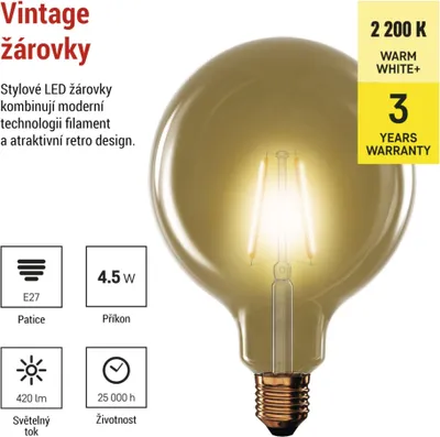 LED žárovka Vintage G125 / E27 / 4,5 W (40 W) / 420 lm / teplá bílá