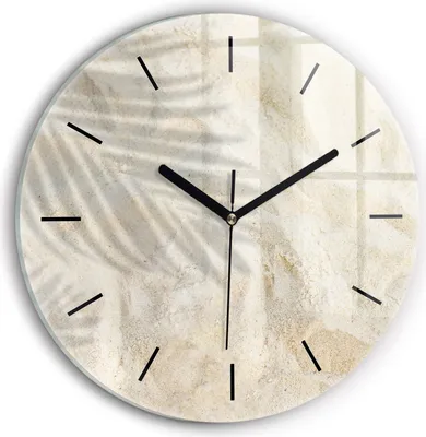 Produktbild von Wallfluent Wanduhr – Stilles Quarzuhrwerk - Uhr Dekoration Wohnzimmer Schlafzimmer Küche - Zifferblatt mit Striche - schwarze Zeiger - 30 cm - Schatten einer Palme im Sand