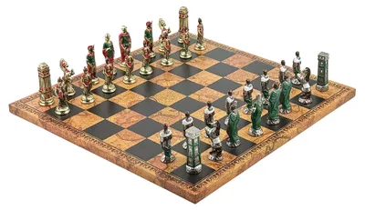 Productafbeelding van ITALFAMA SCHAAKSET: Metalen schaakstukken (koning 7,5 cm hoog) + schaakbord van kunstleer met een antieke kaart, 40 cm