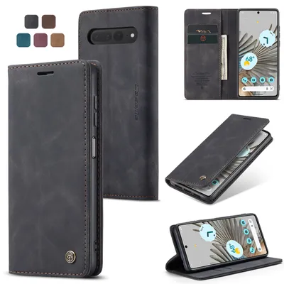 A collage of images showing a black leather flip phone case for a Google Pixel 7 Pro, with various angles and color options displayed.