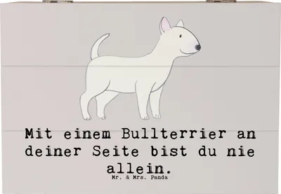 Produktbild von Mr. & Mrs. Panda Holztruhe Bullterrier Begleiter 22 x 15 cm - Grau Pastell - Geschenk, Familienhunde, Kiste, Box, Hunderassen Beschreibung, truhe mit deckel, Hunderasse