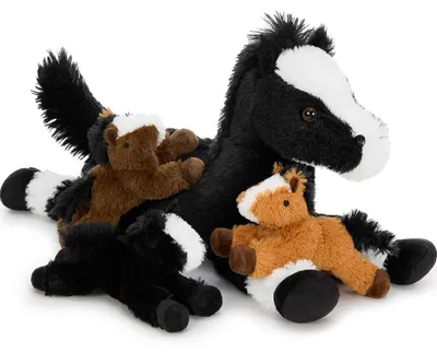 Produktbild von Pferdeplüschtier XXL - 4 Stück Set - Plüschpferd mit Babys - Hautfreundlich und Sicher - Lernspielzeug - 35 cm Hoch - Plüschpferd