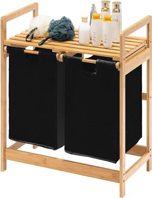 Produktbild von Bamboe Wasmand mit Faltbaren Waschbeuteln - Geeignet für Schlafzimmer, Badezimmer und Waschküche - 73 x 64 x 33 cm - Schwarz