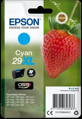 Zdjęcie produktu dla Epson Strawberry Singlepack Cyan 29XL Claria Home Ink, Wysoka (XL) wydajność, Cyjan, 6,4 ml, 1 szt., 450 stron(y)