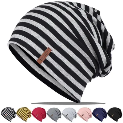 Productafbeelding van Muts voor dames en heren, slouch beanie, katoen, dun, ademend, one size, gestreept