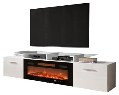 Produktbild von MIRJAN24 TV-Lowboard Rova mit Elektrischem Kamin, Stilvoll TV Schrank (Farbe: Weiß Matt / Weiß Hochglanz, ohne Beleuchtung)
