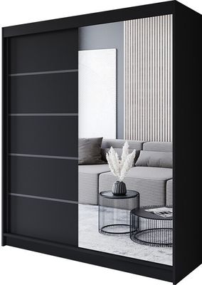Easy4You P3 180 cm Schwarz Schiebetüren Kleiderschrank 180x215x58 cm mit Spiegel - Schlafzimmermöbel, Aufbewahrung - Mehrzweckschrank
