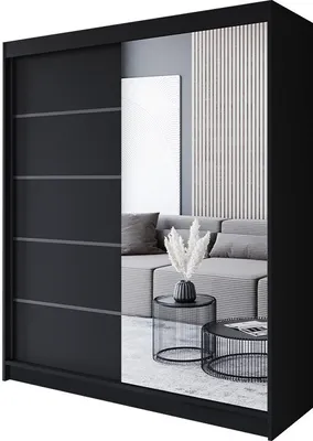 Produktbild von Easy4You P3 180 cm Schwarz Schiebetüren Kleiderschrank 180x215x58 cm mit Spiegel - Schlafzimmermöbel, Aufbewahrung - Mehrzweckschrank
