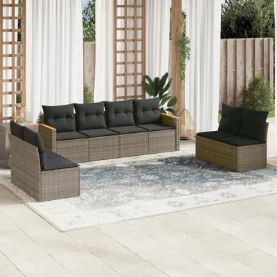 Produktbild von Design 8-tlg. Garten-Sofagarnitur mit Kissen Grau Poly Rattan, Gartenmöbel-Sets 2024 Neu