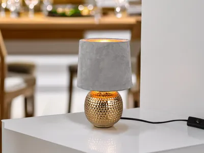 Produktbild von LED Tischleuchte Landhaus Stil Grau/Gold Keramikfuß Samtschirm Nachttischleuchte