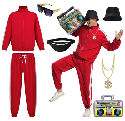 Immagine prodotto di Completo da hip-hop: giacca/pantaloni da allenamento, berretto da baseball/occhiali da sole, catena dorata a forma di dollaro/marsupio, palloncino gonfiabile a forma di giradischi, look streetwear autentico