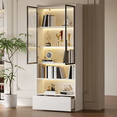 Produktbild von STILVORA Vitrine Hochschrank mit Schublade und Glastüren, Glasvitrine mit LED und offener Partition, Standregal Schrank für Wohnzimmer Weiß